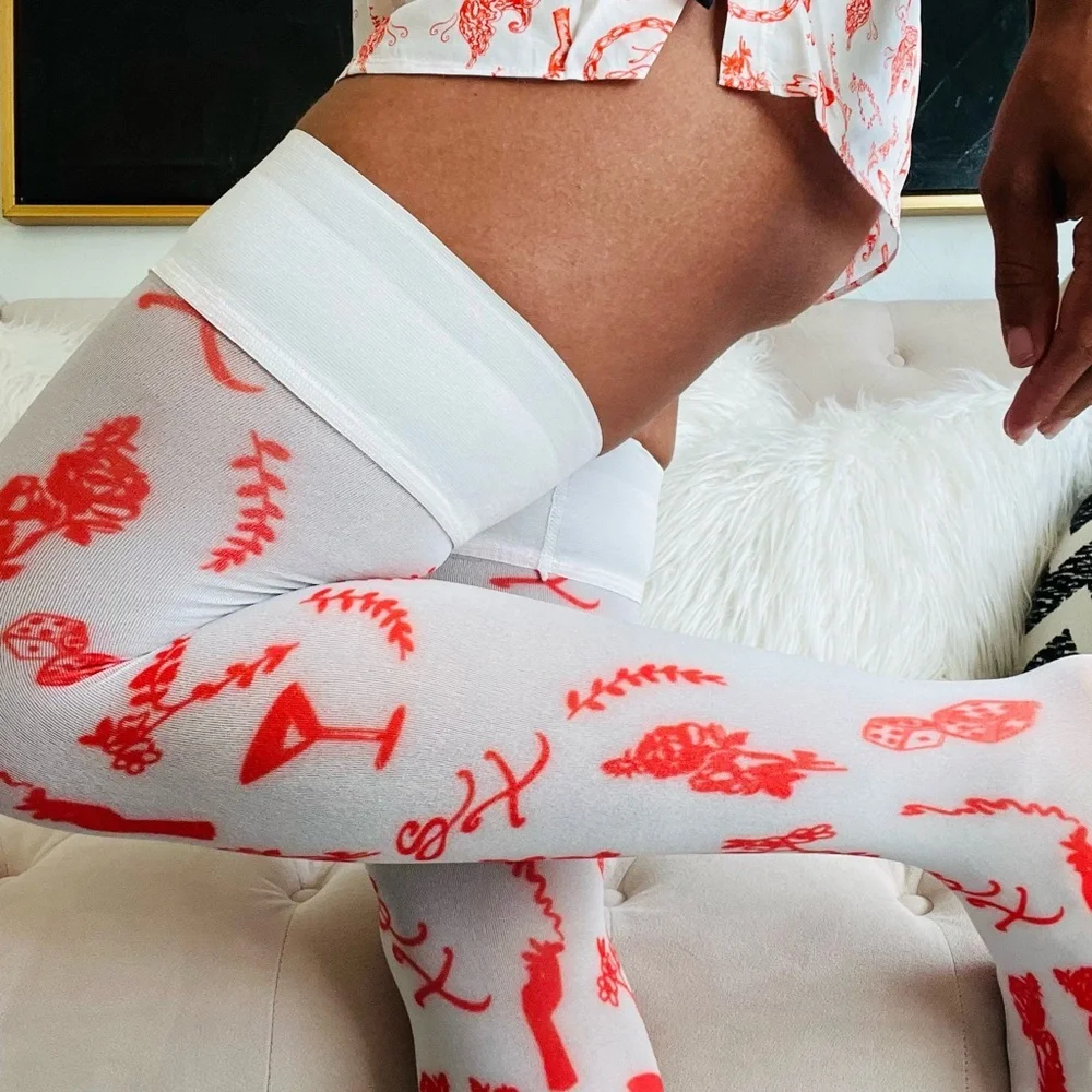 Savage X Fenty Roasted Red Fresh Ink Lined & Laced Stay-Up Stockings - Picture 2 of 13